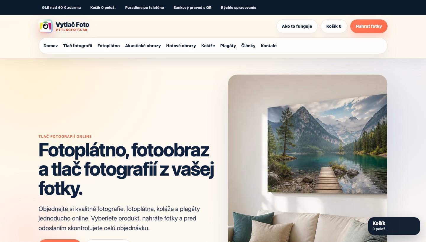 VytlačFoto.sk po redizajne s produktovým gridom, uploadom fotiek a výrobným postupom