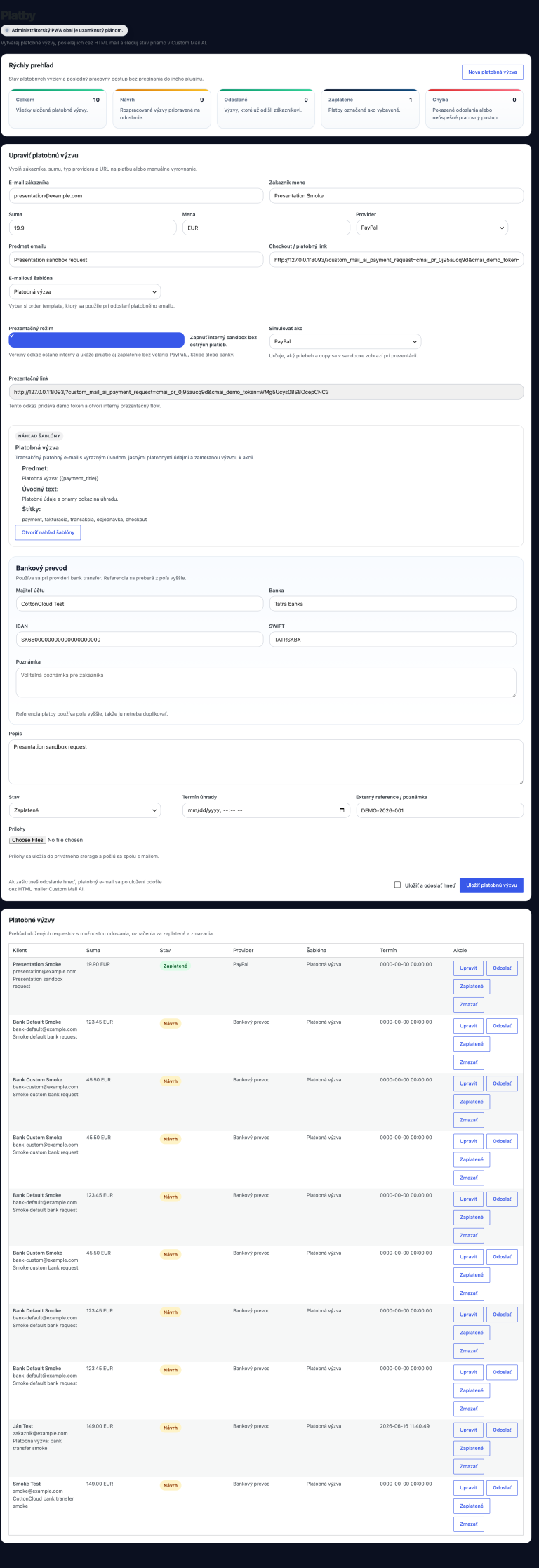Custom Mail AI platby payment request
