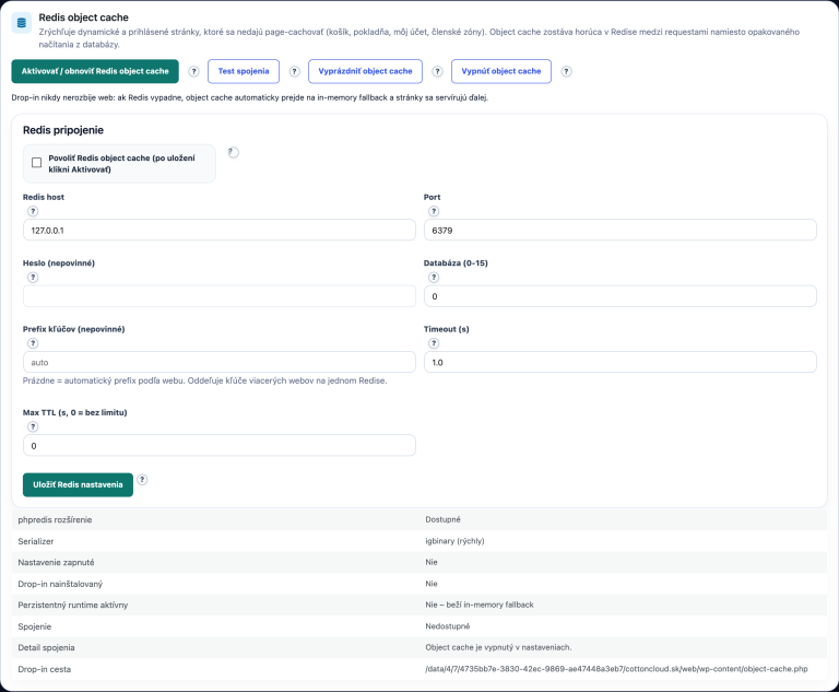 Custom Performance Cache: Redis object cache pre dynamické a prihlásené stránky