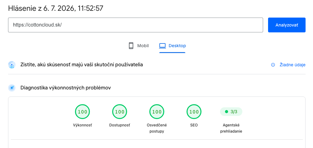 Google PageSpeed Insights výsledok pre CottonCloud.sk