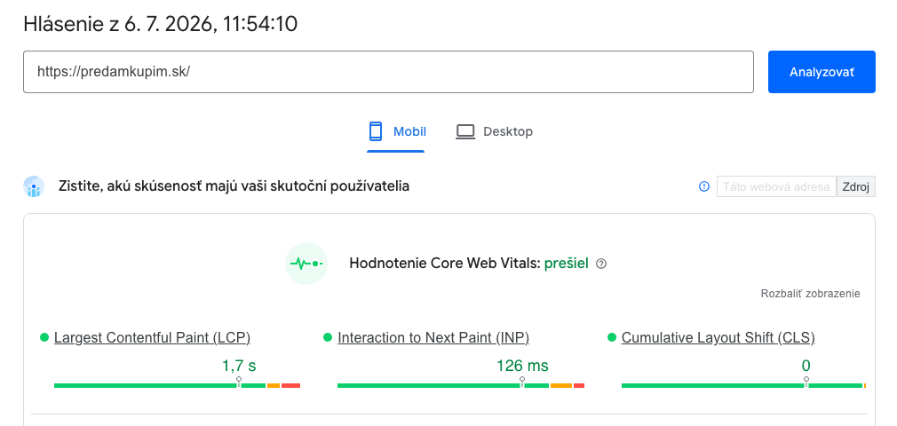 Google PageSpeed Insights výsledok pre PredámKúpim.sk