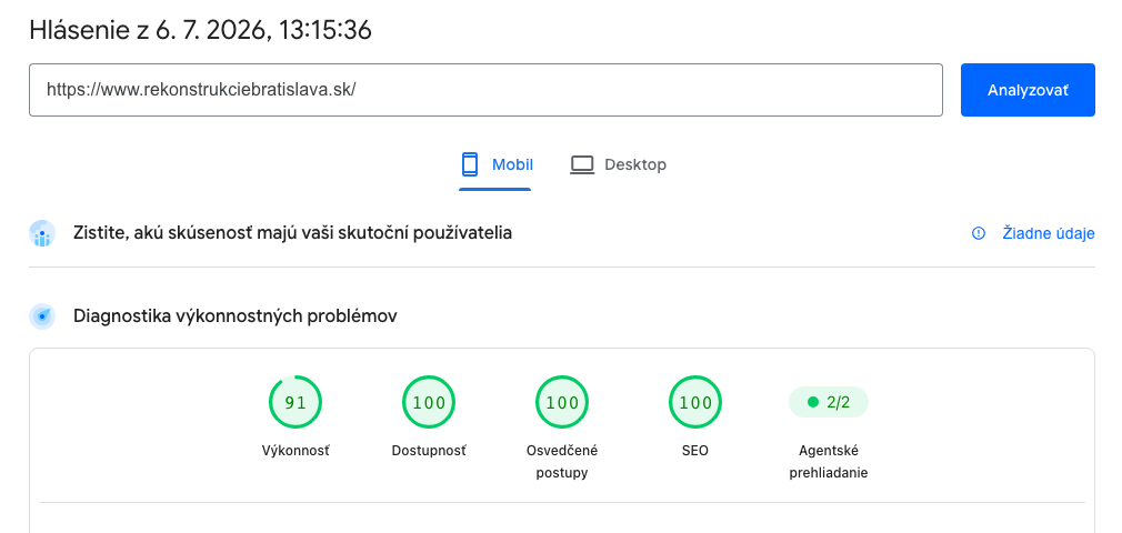 Google PageSpeed Insights výsledok pre Rekonštrukcie Bratislava