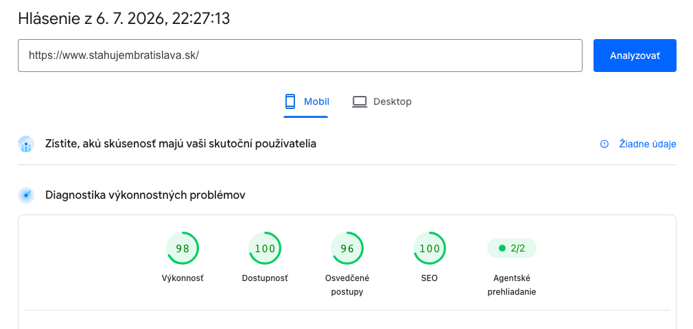 Google PageSpeed Insights výsledok pre Sťahujem Bratislava