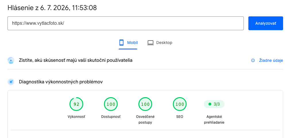 Google PageSpeed Insights výsledok pre VytlačFoto.sk